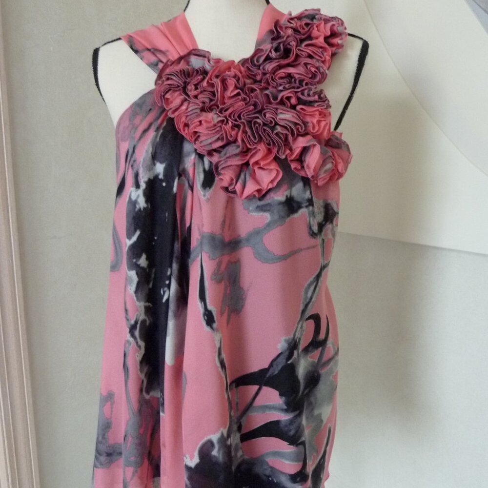 $380 Roberto Rodriguez Pink Black Floral Bias Cut Ruffle Silk Top Blouse SZ 8 M